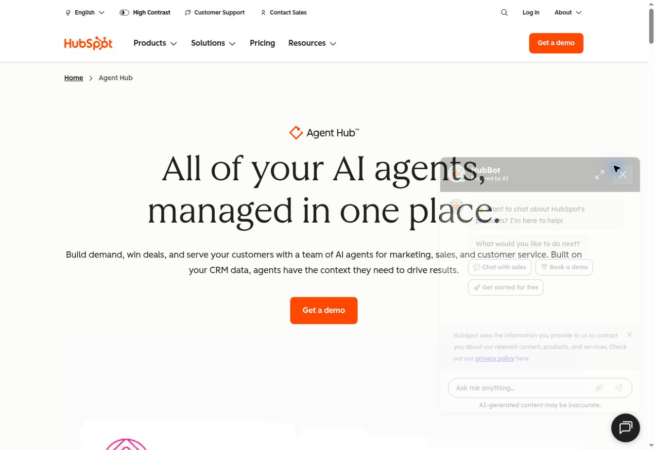 Public HubSpot Agent Hub source page captured 22 September 2026