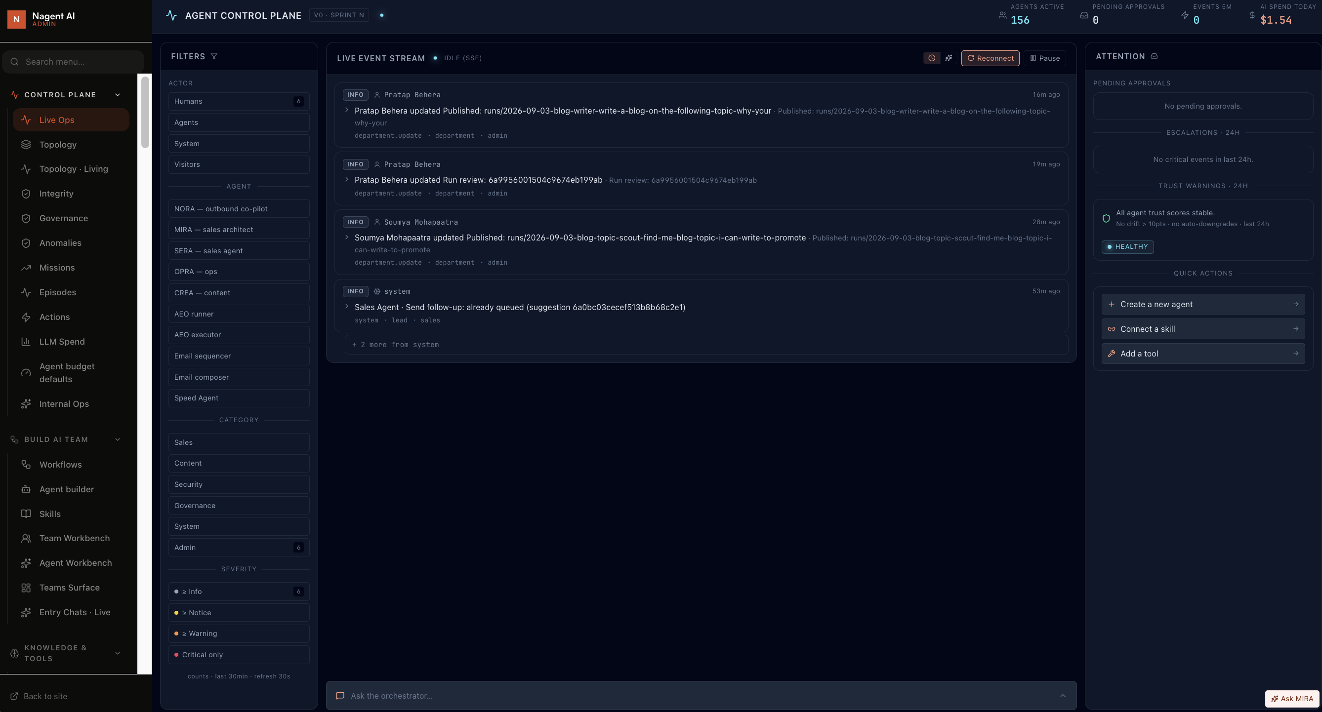 Live Ops with the actor filter and attention rail visible
