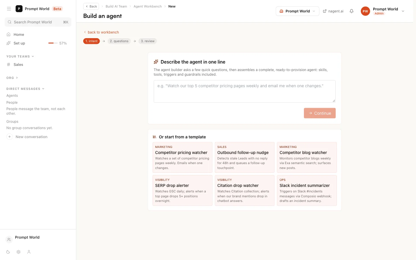 Build an agent at step 1: Describe the agent in one line, with Continue, and six templates below it
