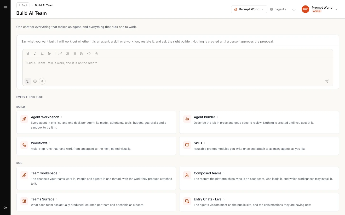 Build AI Team, with the request box and the Agent Workbench, Agent builder, Workflows and Skills cards