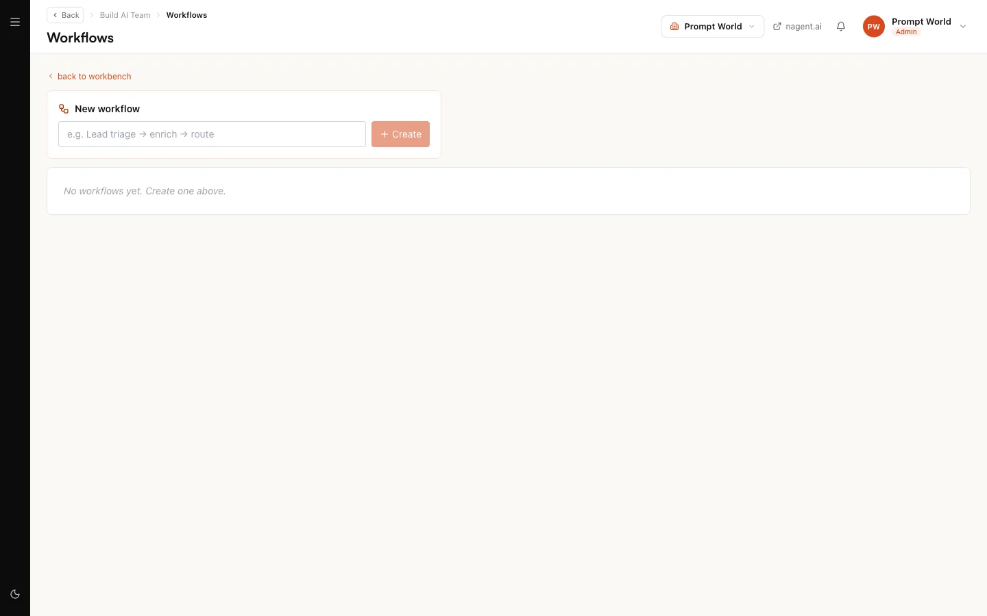 Workflows, with the New workflow box and its Create button, and no workflows yet