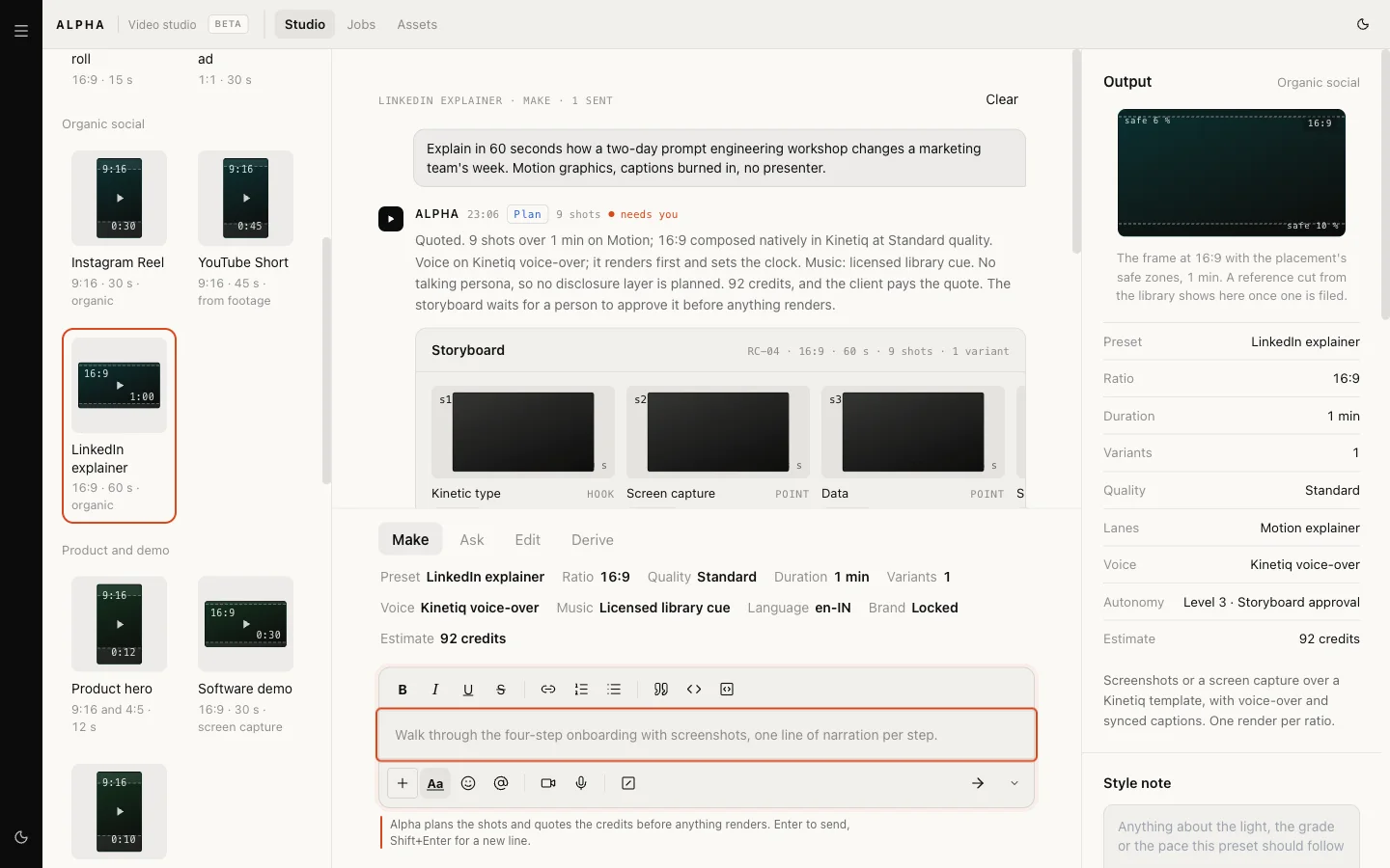 A quoted storyboard with its credit rows and the preview ladder