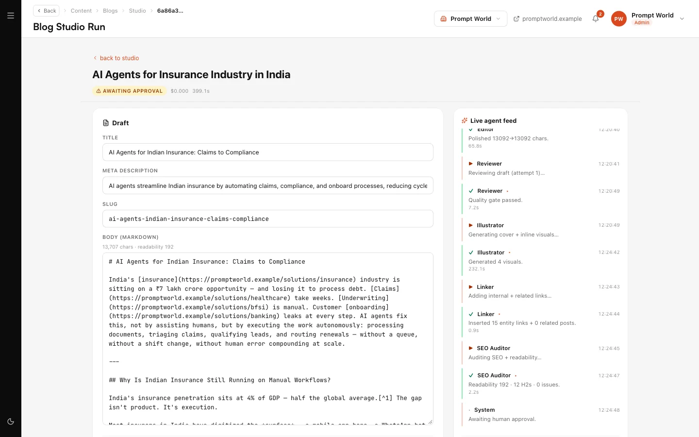 A Blog Studio run awaiting approval, with the editable title, meta description, slug and body on the left and the Live agent feed on the right