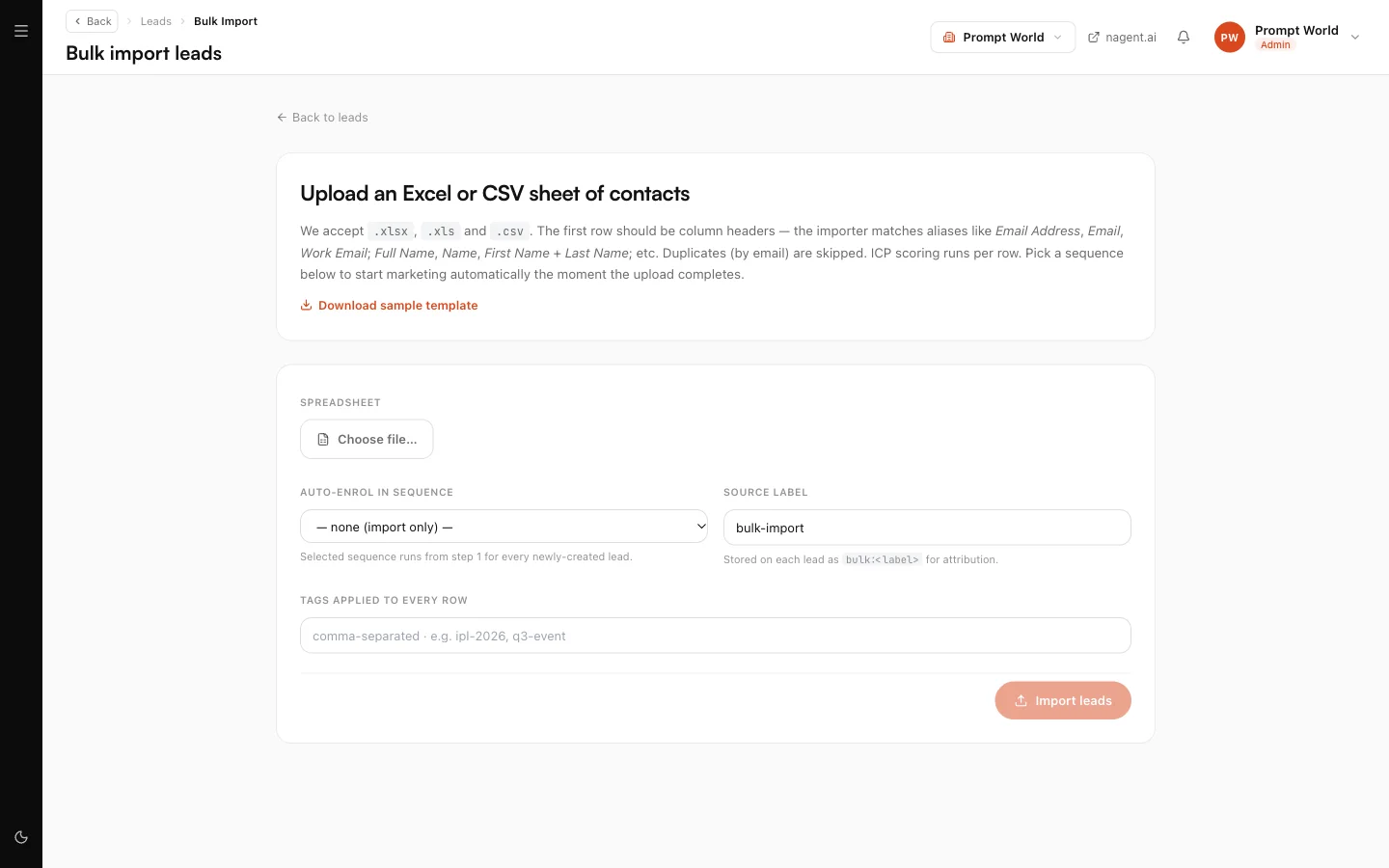 Bulk import, with a file picker, an optional sequence to enrol into, a source label and tags
