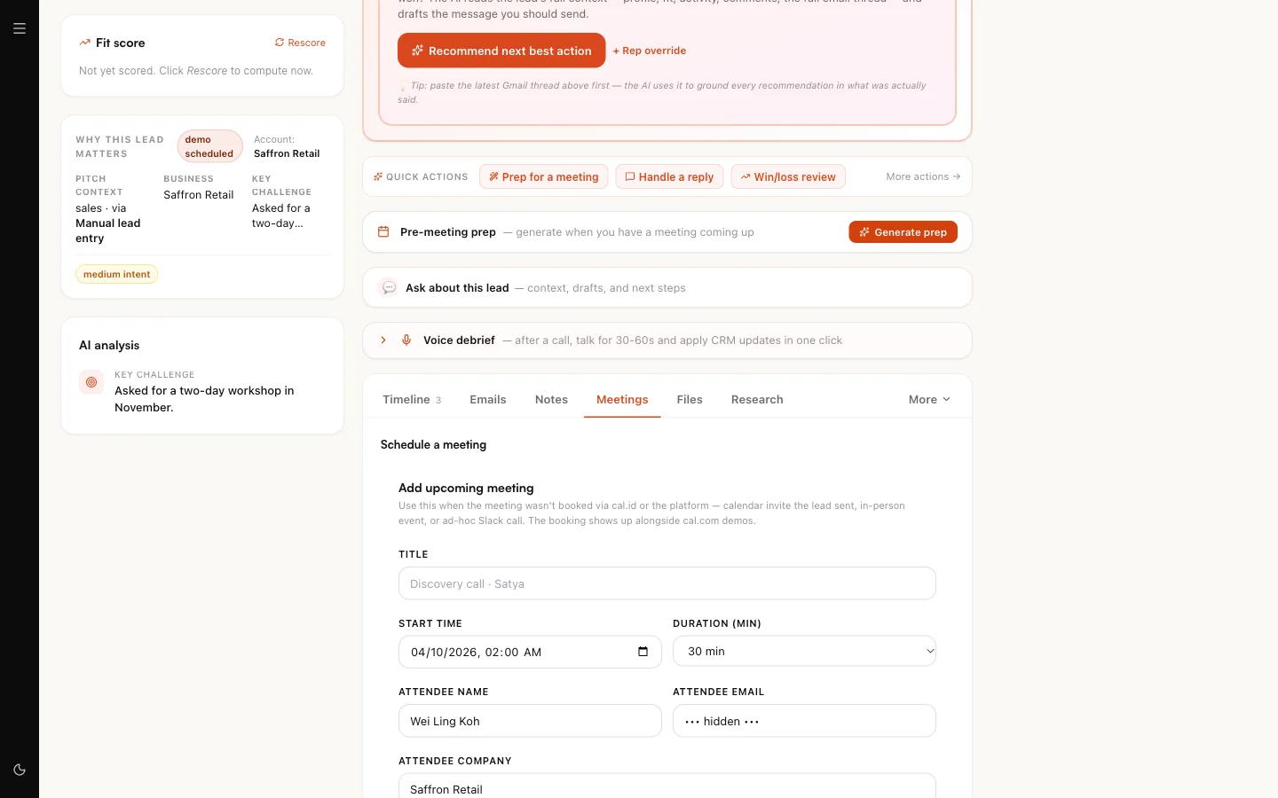 The Meetings tab on a lead page, with the Add upcoming meeting form filled from the lead's name and company