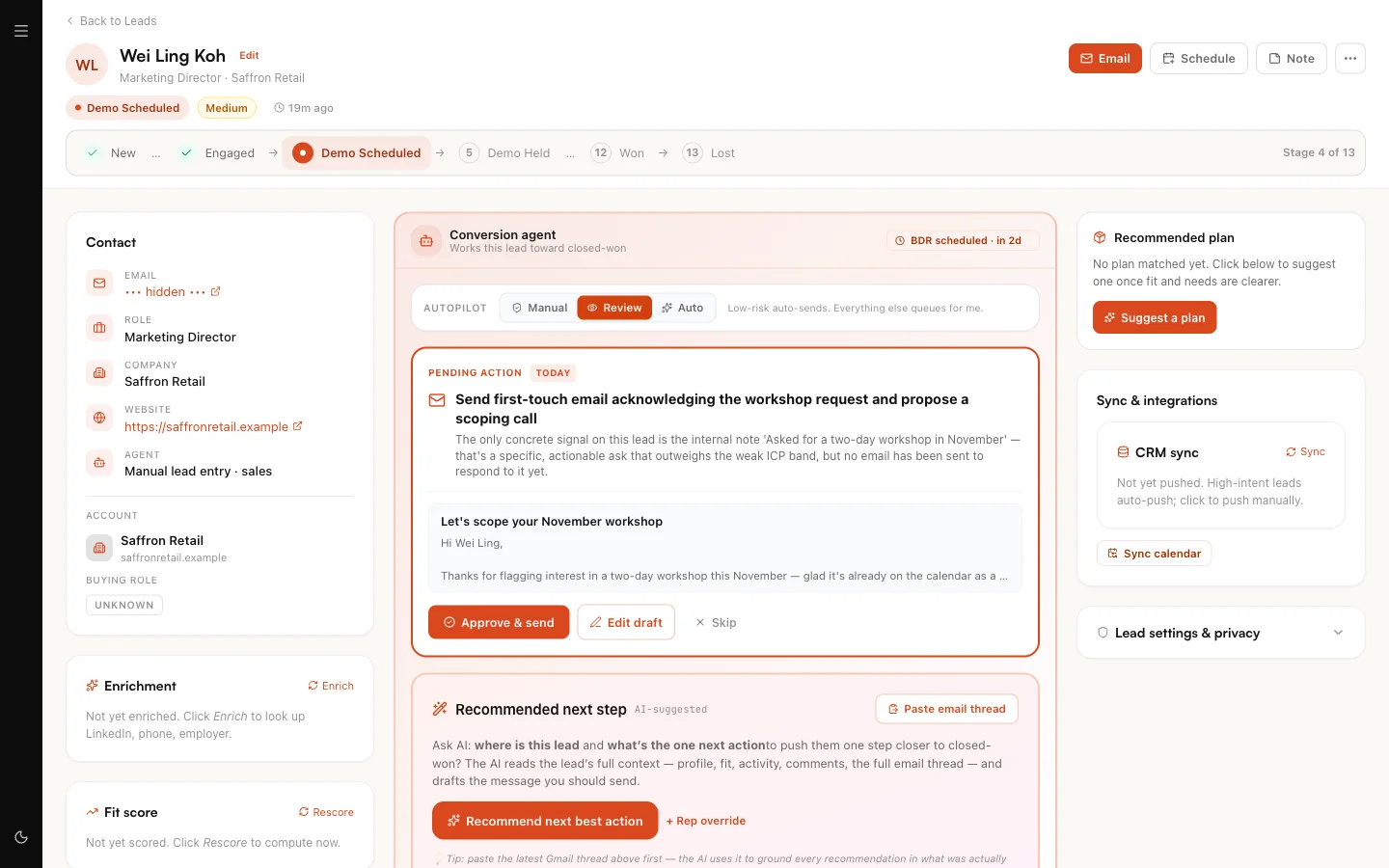 A lead page for a Marketing Director at a fictional retailer, with the stage bar, the contact card and a drafted first email waiting for Approve and send