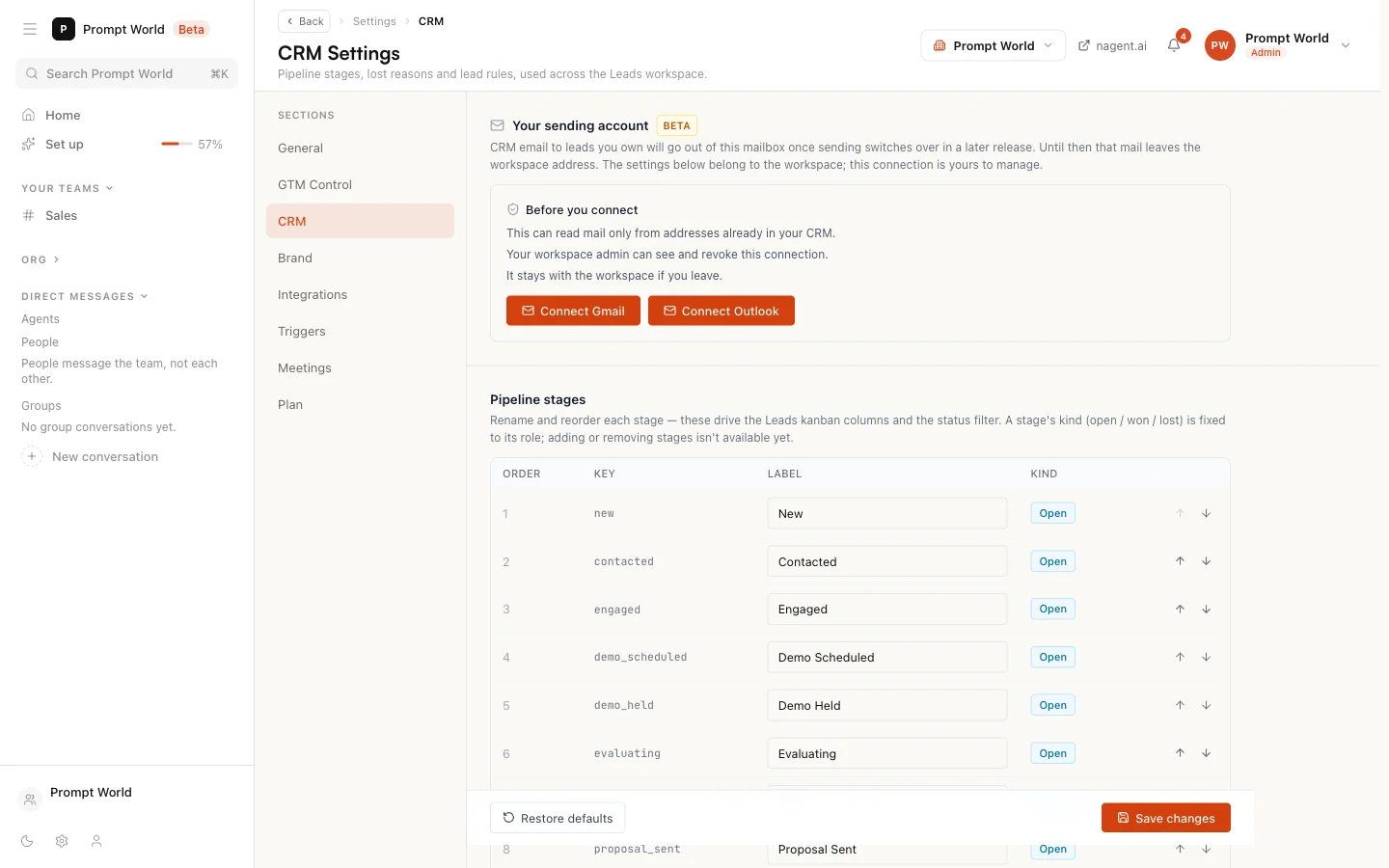 CRM settings, with the sending account card above the pipeline stages table