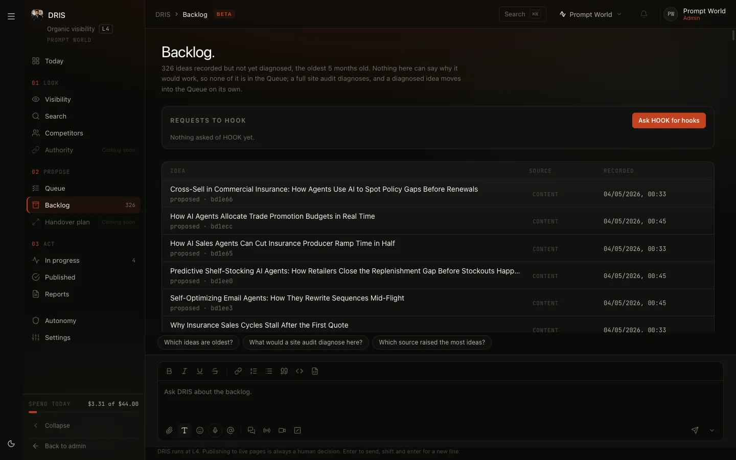 The Backlog with 326 recorded ideas, each with its source and the date it was recorded, and the Ask HOOK for hooks request box above the list