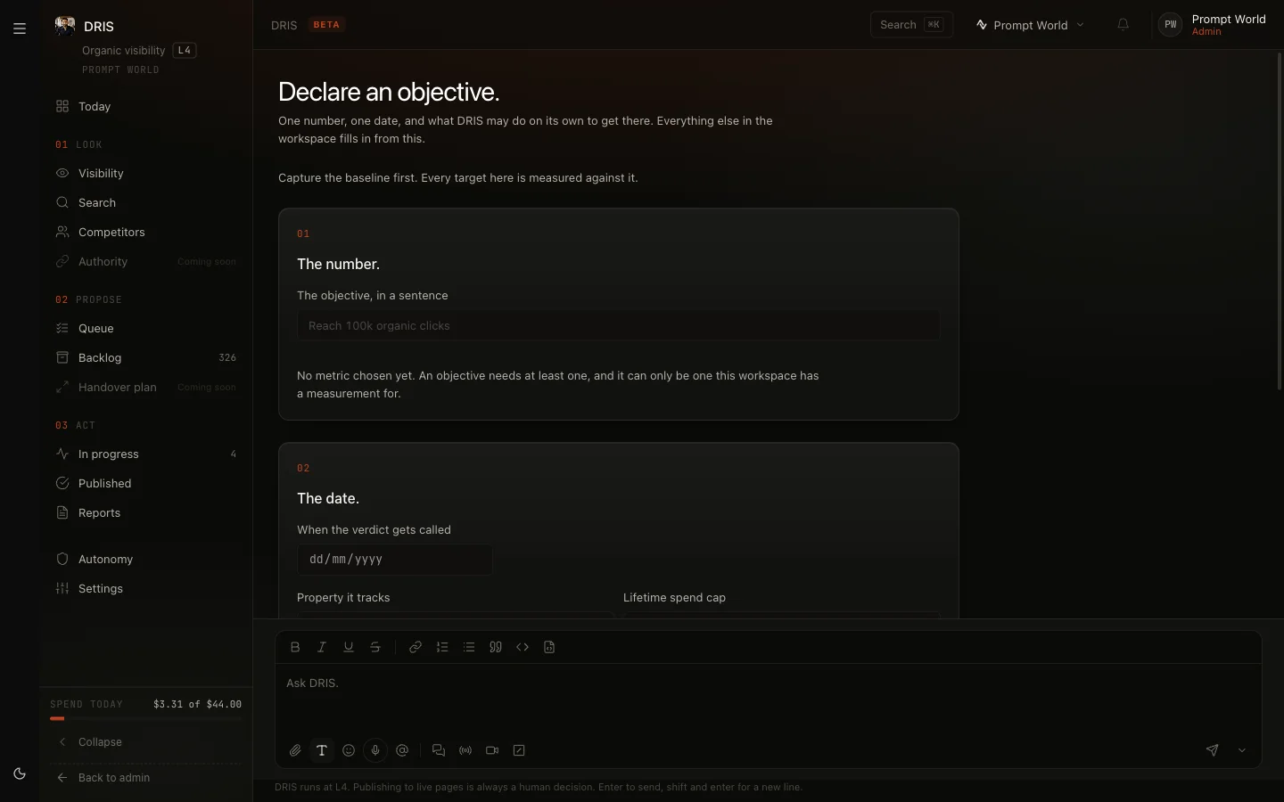 The Declare an objective page, with The number and The date sections still to fill in