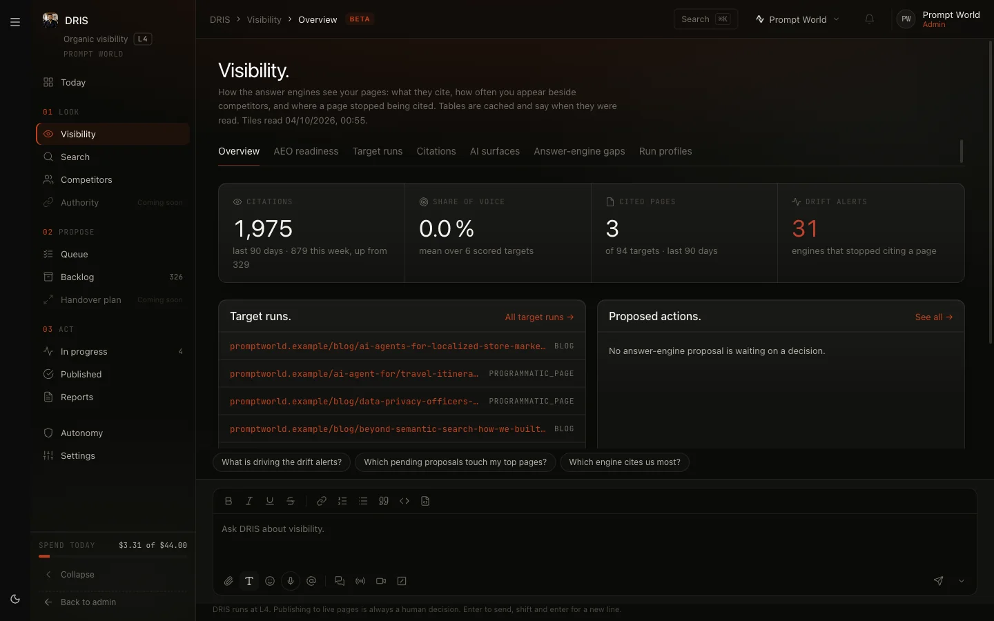 The Visibility overview with citation, share of voice, cited page and drift tiles, target runs and proposed actions