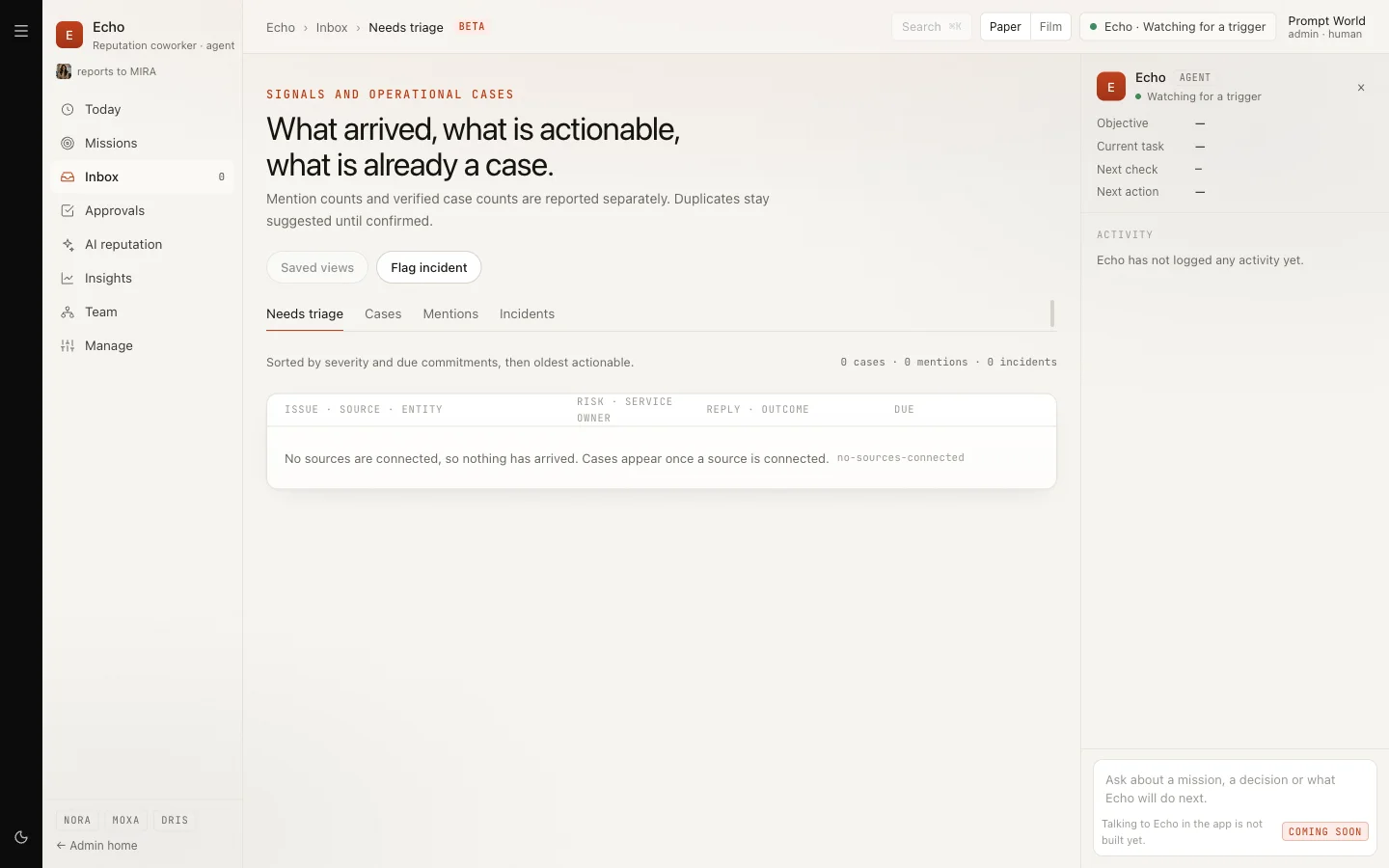 The Inbox on the Needs triage tab, saying no sources are connected so nothing has arrived