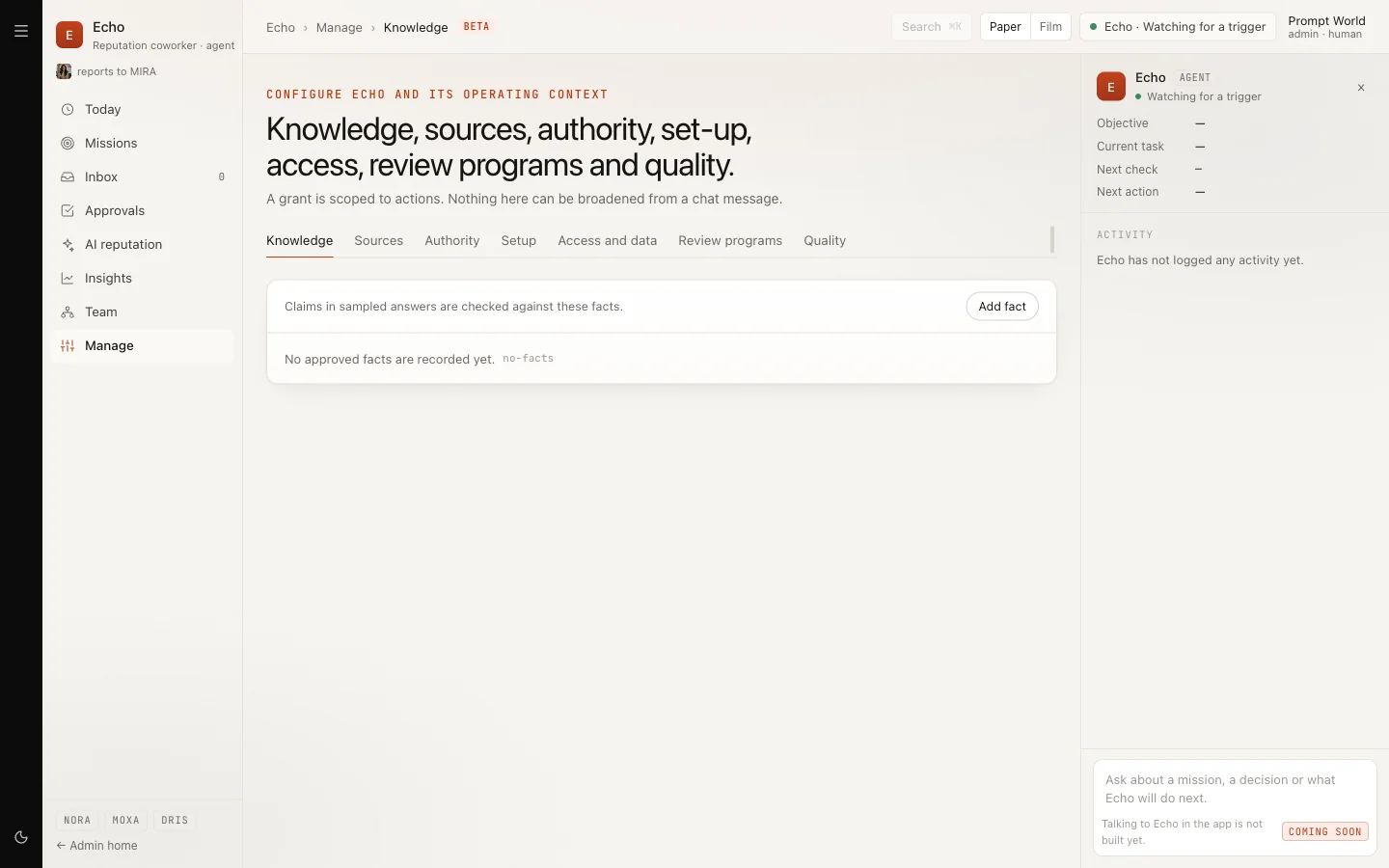 The Knowledge tab of Manage with the Add fact button and no approved facts recorded yet