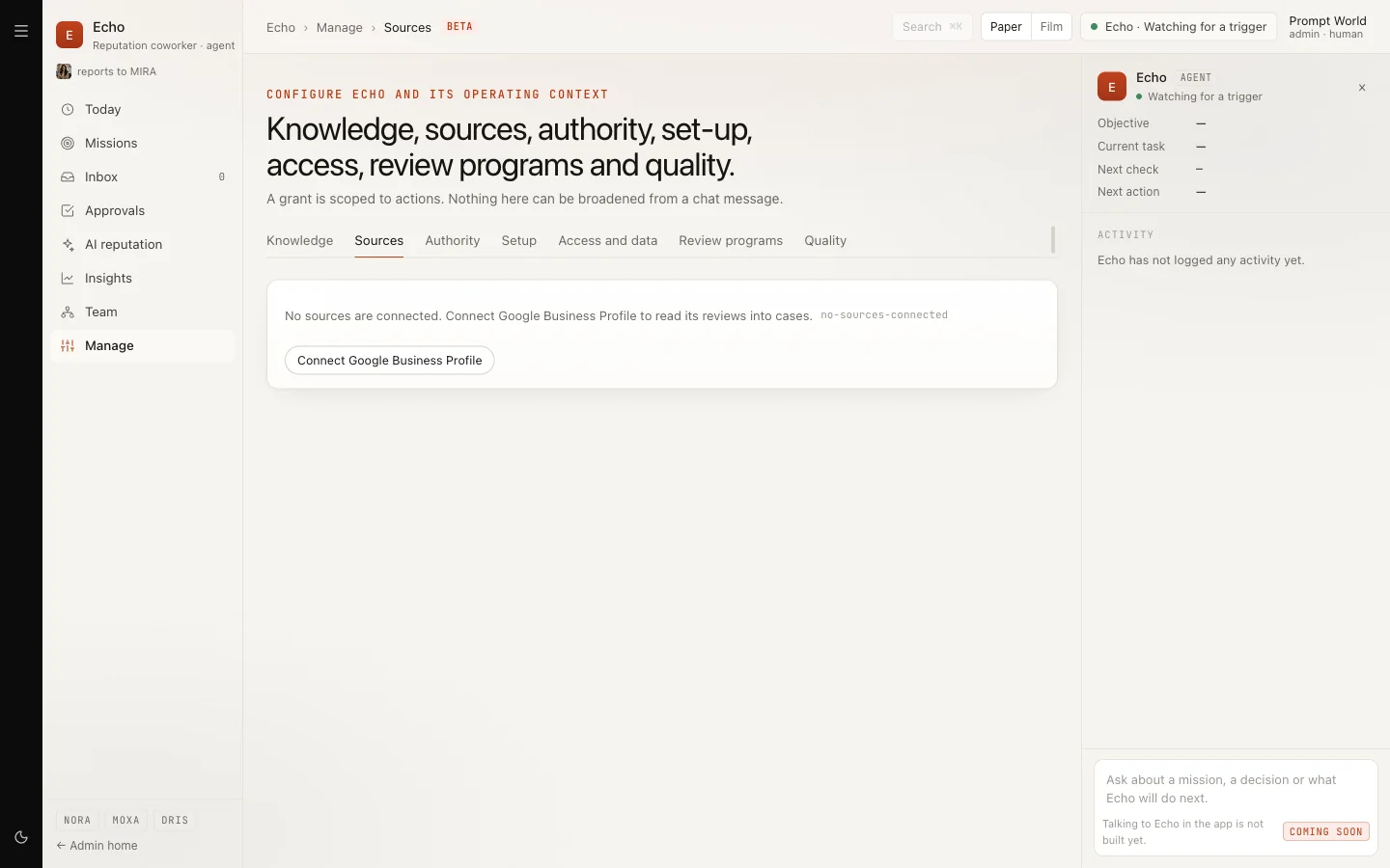 The Sources tab of Manage with no sources connected and the Connect Google Business Profile button