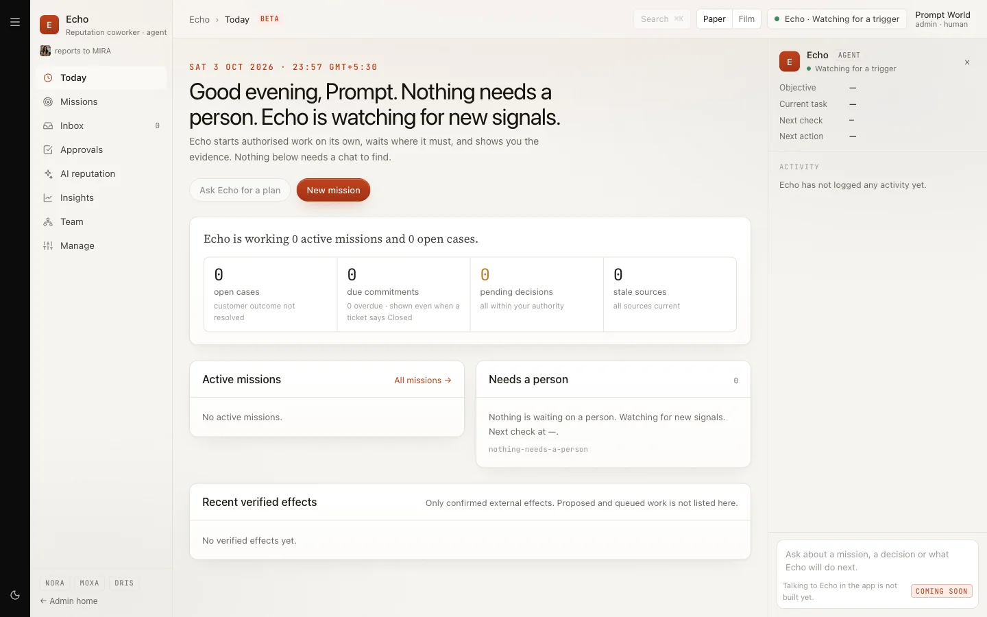 Echo's Today screen in a new workspace, with no open cases, no missions and the Echo activity panel on the right