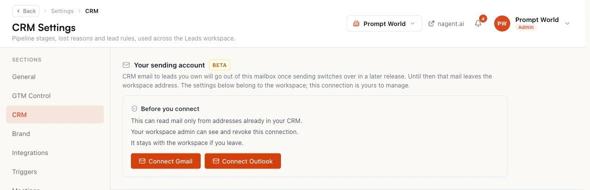 Settings, CRM, with the Your sending account card marked Beta and its Connect Gmail and Connect Outlook buttons