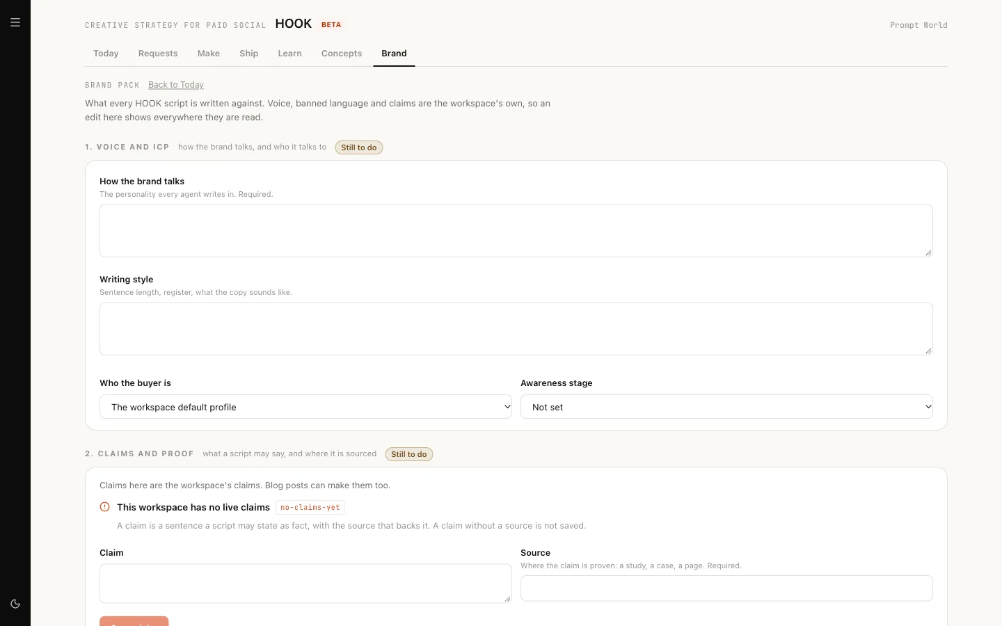 The brand pack page with the voice and ICP step and the claims and proof step both still to do