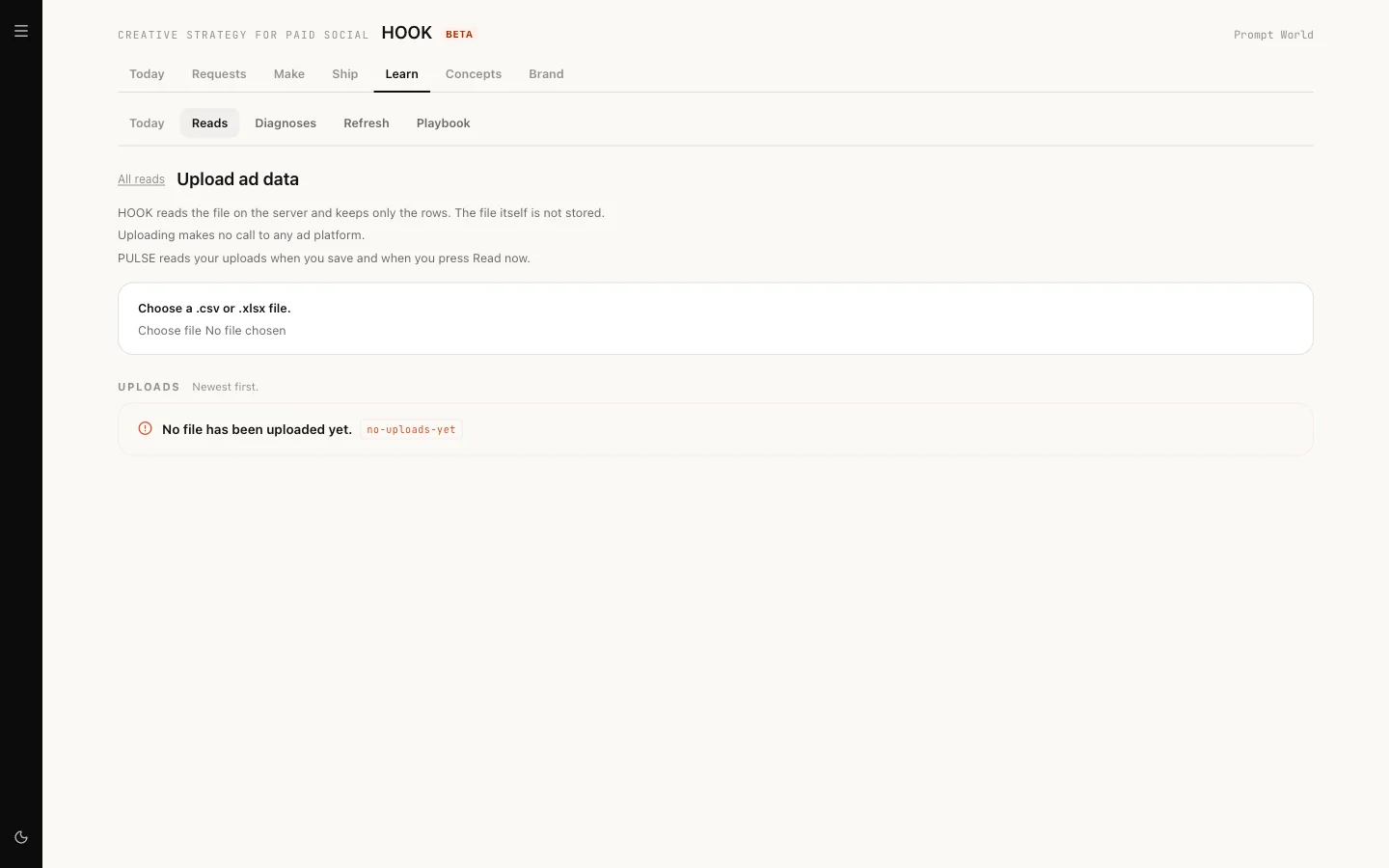The Upload ad data screen, which takes a .csv or .xlsx file and lists past uploads