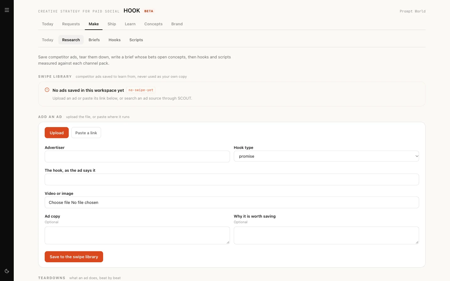 The Research tab of Make, with an empty swipe library and the form for adding an ad