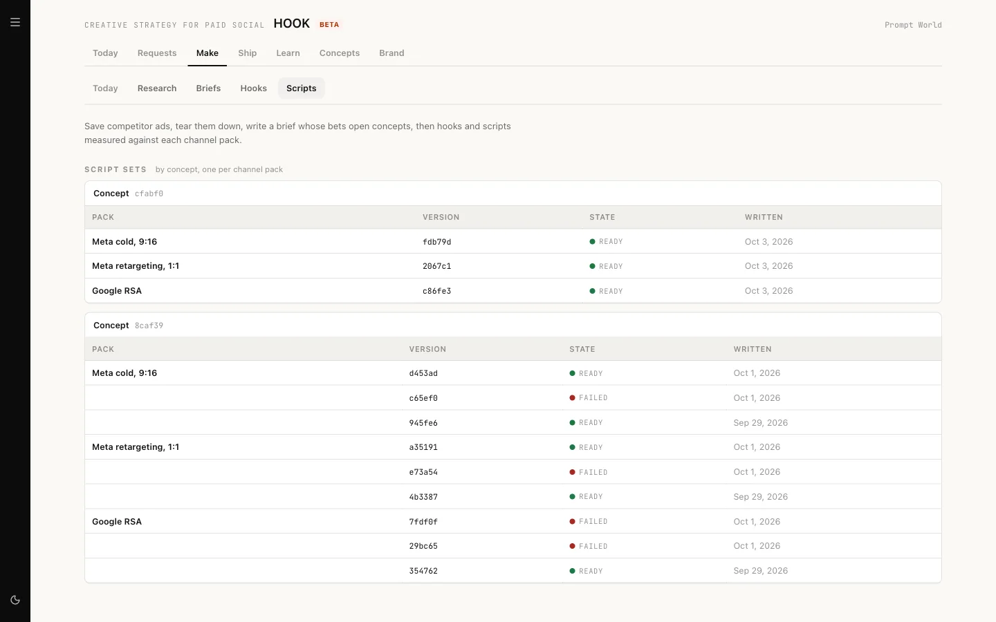 The Scripts tab with script sets grouped by concept and channel pack, each version marked Ready or Failed