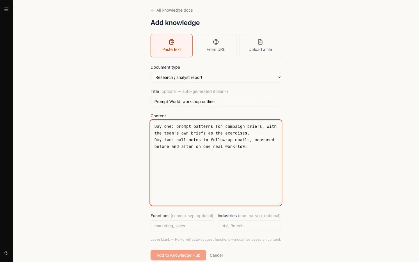 The Add knowledge form with pasted text filled in