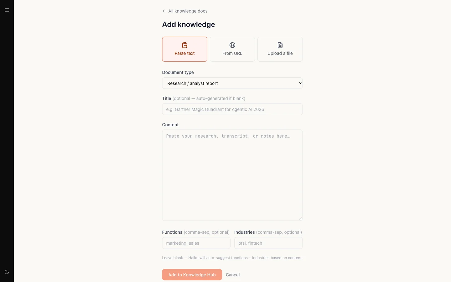 Add knowledge with Paste text, From URL and Upload a file across the top, then the document type, title, content and tag fields