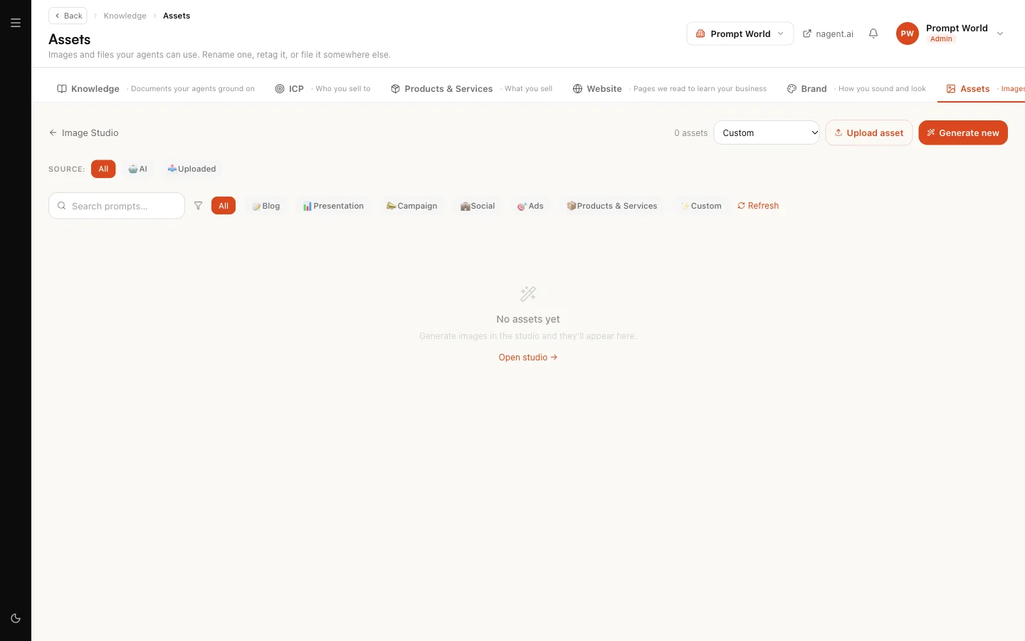 Assets, with the source filter, the purpose filters, and the Upload asset and Generate new buttons