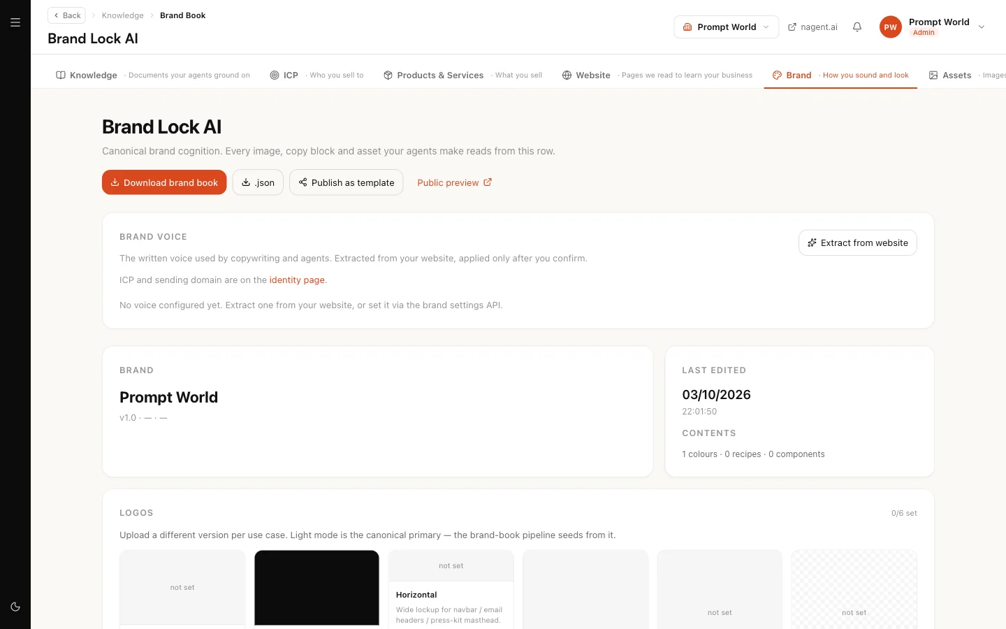 Brand Lock AI, with the brand voice panel and Extract from website, and the brand overview below