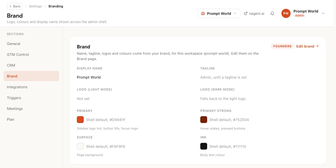 Settings, Brand, showing the display name, logos and colours read only with Edit brand pointing back to the brand page