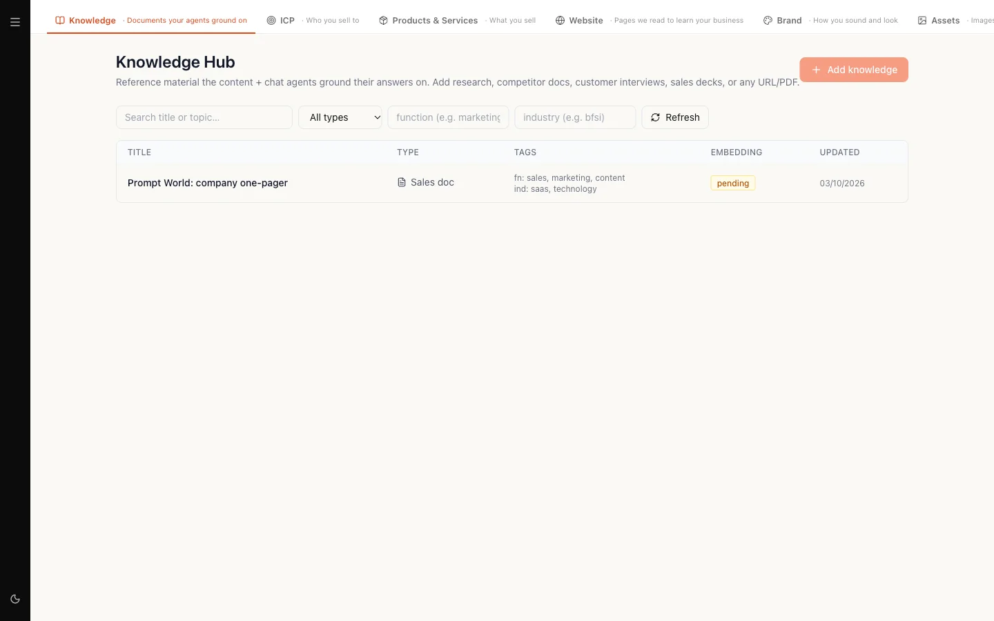 The Knowledge Hub with its six tabs across the top and one document in the list, marked pending