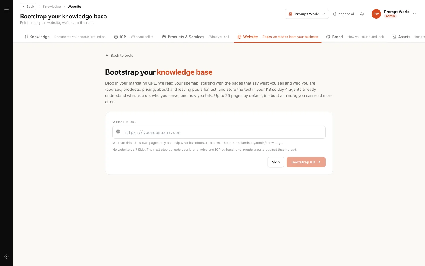 Bootstrap your knowledge base, with the website address field and the Skip and Bootstrap KB buttons