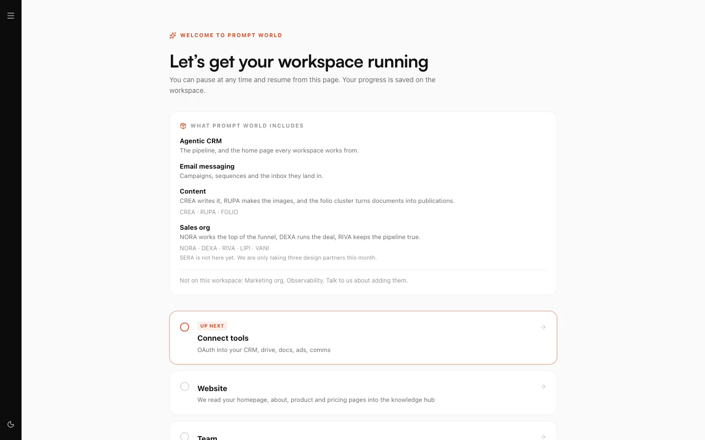 The set-up wizard, listing what the workspace includes and the steps Connect tools, Website and Team