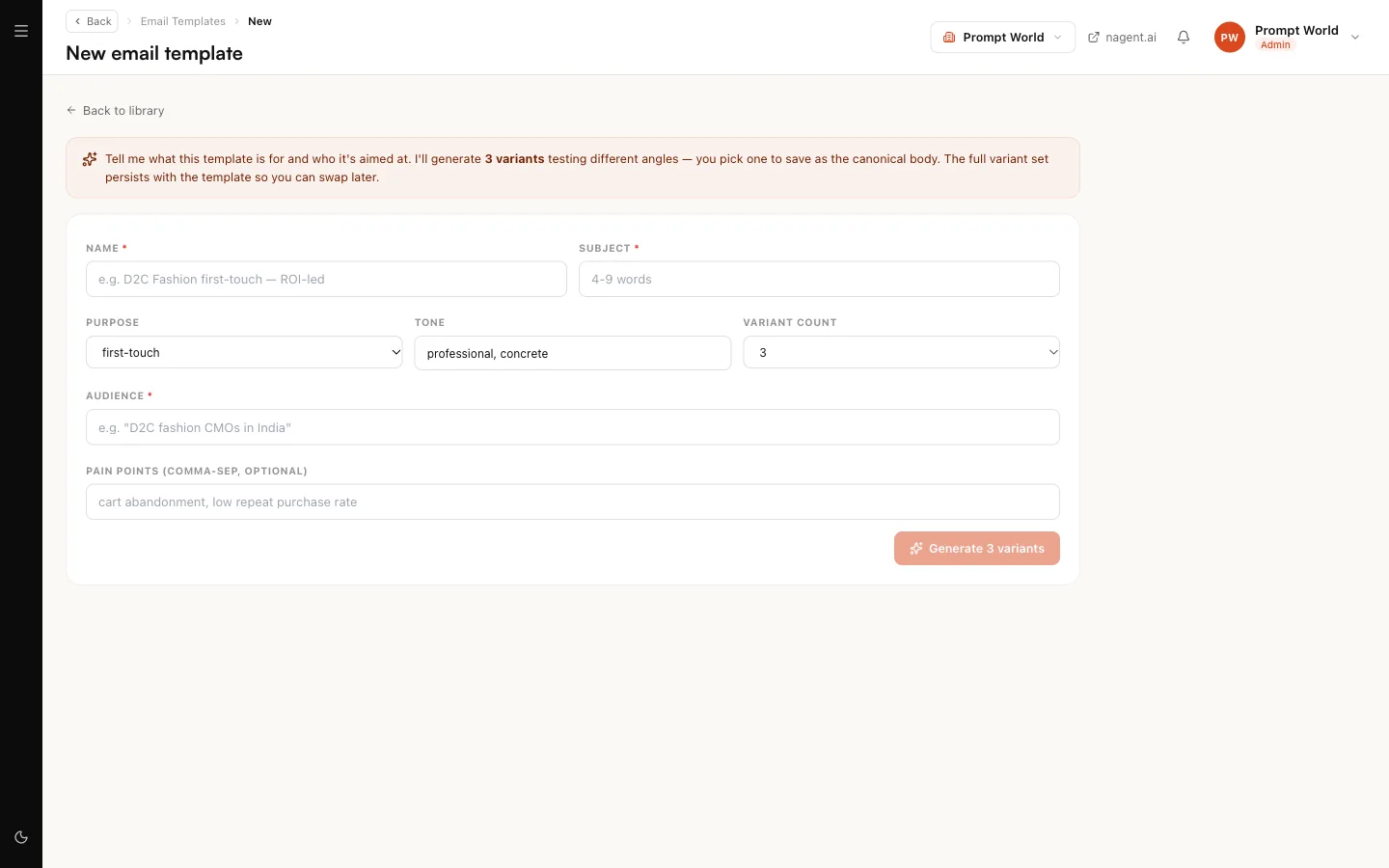 The new email template form, where a purpose, tone and audience produce three variants to choose from
