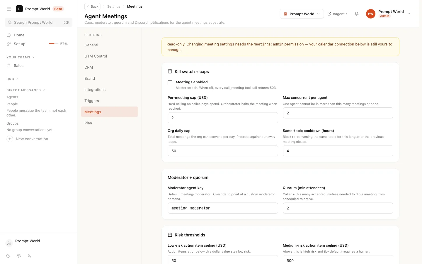 Agent meetings settings, read-only for this role, with Meetings enabled switched off and the caps below it