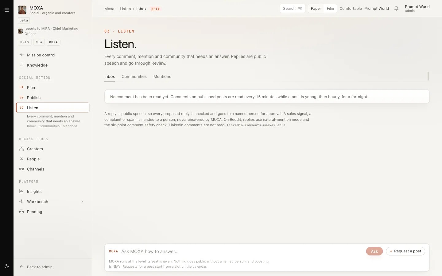 The Listen inbox before any comment has been read, with the Communities and Mentions tabs