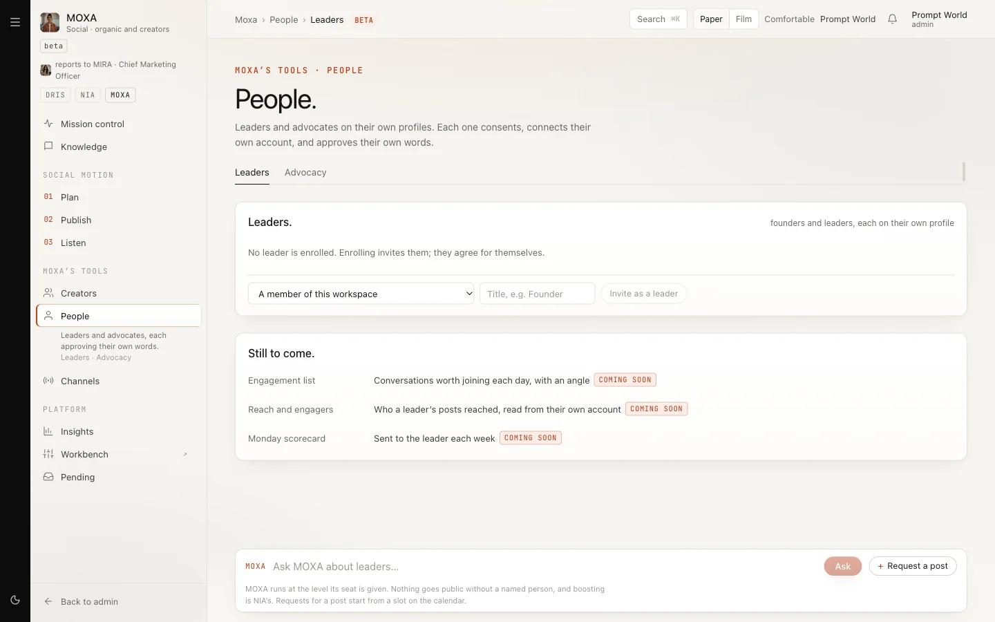 The People page on the Leaders tab, with no leader enrolled and the Invite as a leader form