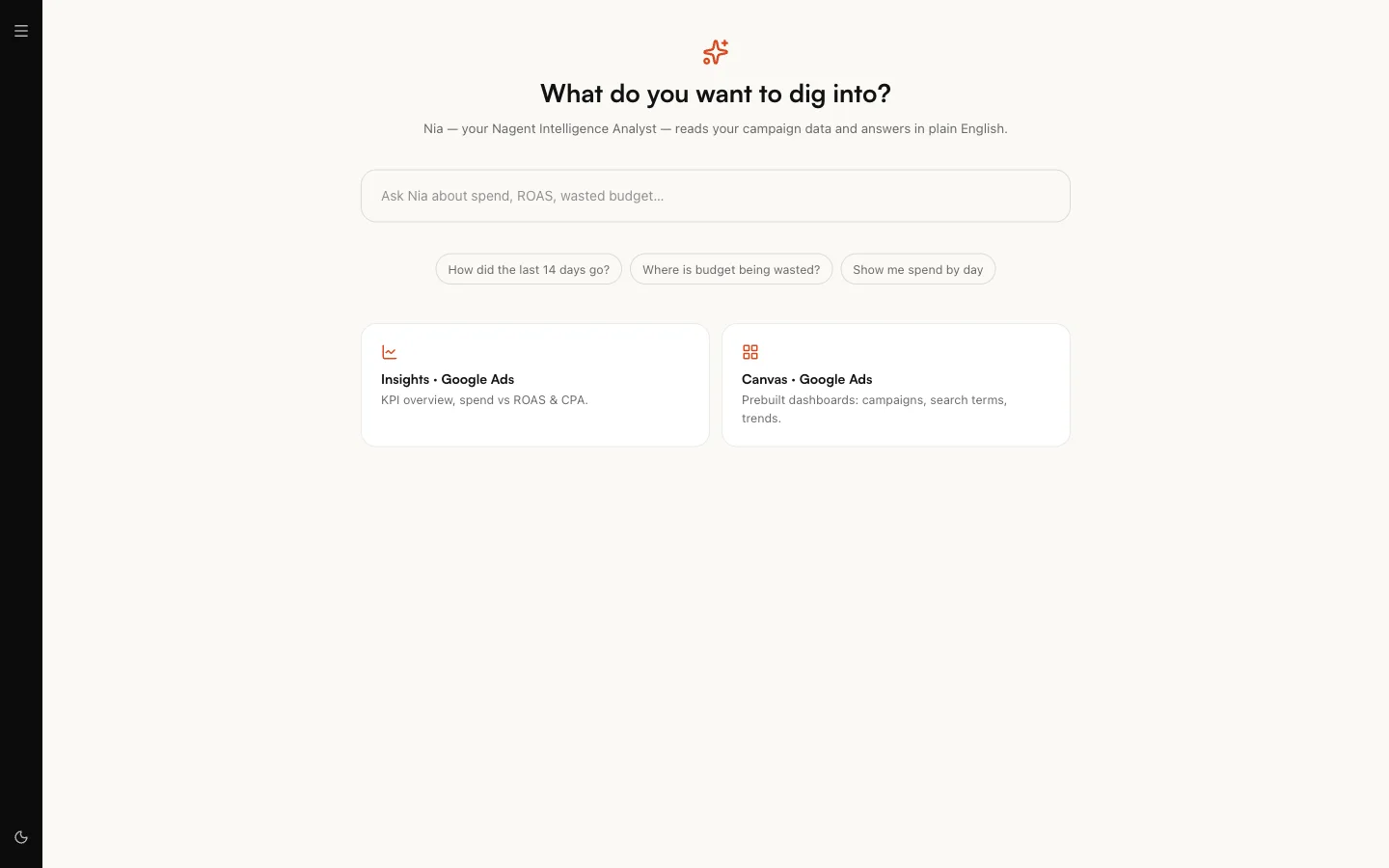 Advertising, with the ask box for NIA, three suggested questions, and the Insights and Canvas cards