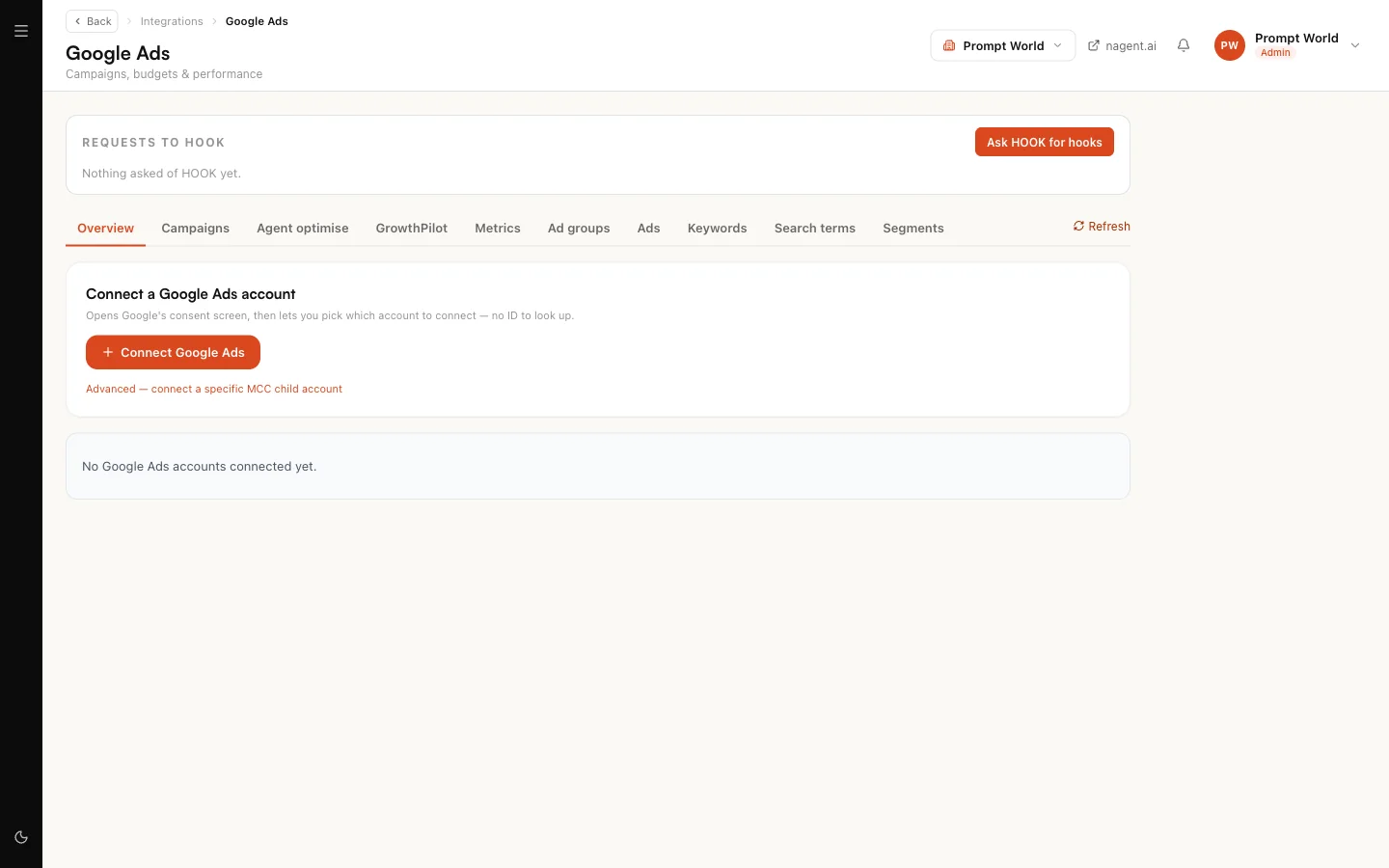 The Google Ads page before an account is connected, with Connect Google Ads on the Overview tab