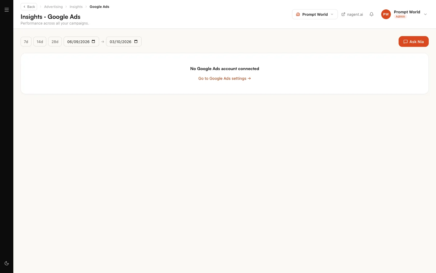 Insights for Google Ads before an account is connected, with a link to the Google Ads settings