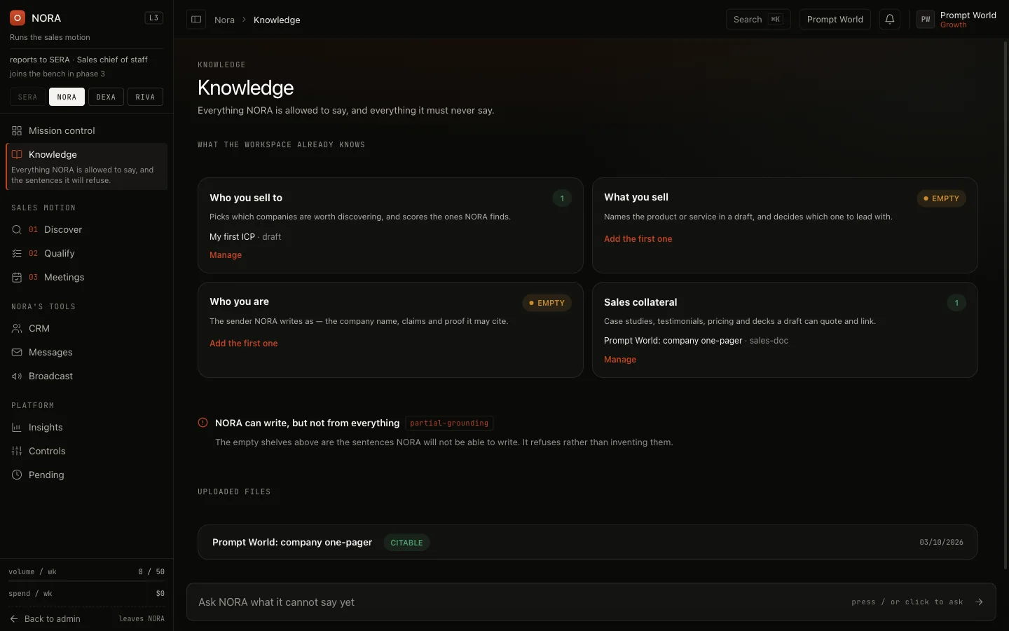 NORA's Knowledge screen with its four shelves: Who you sell to holds a draft profile, What you sell and Who you are are empty, and Sales collateral holds a one-pager