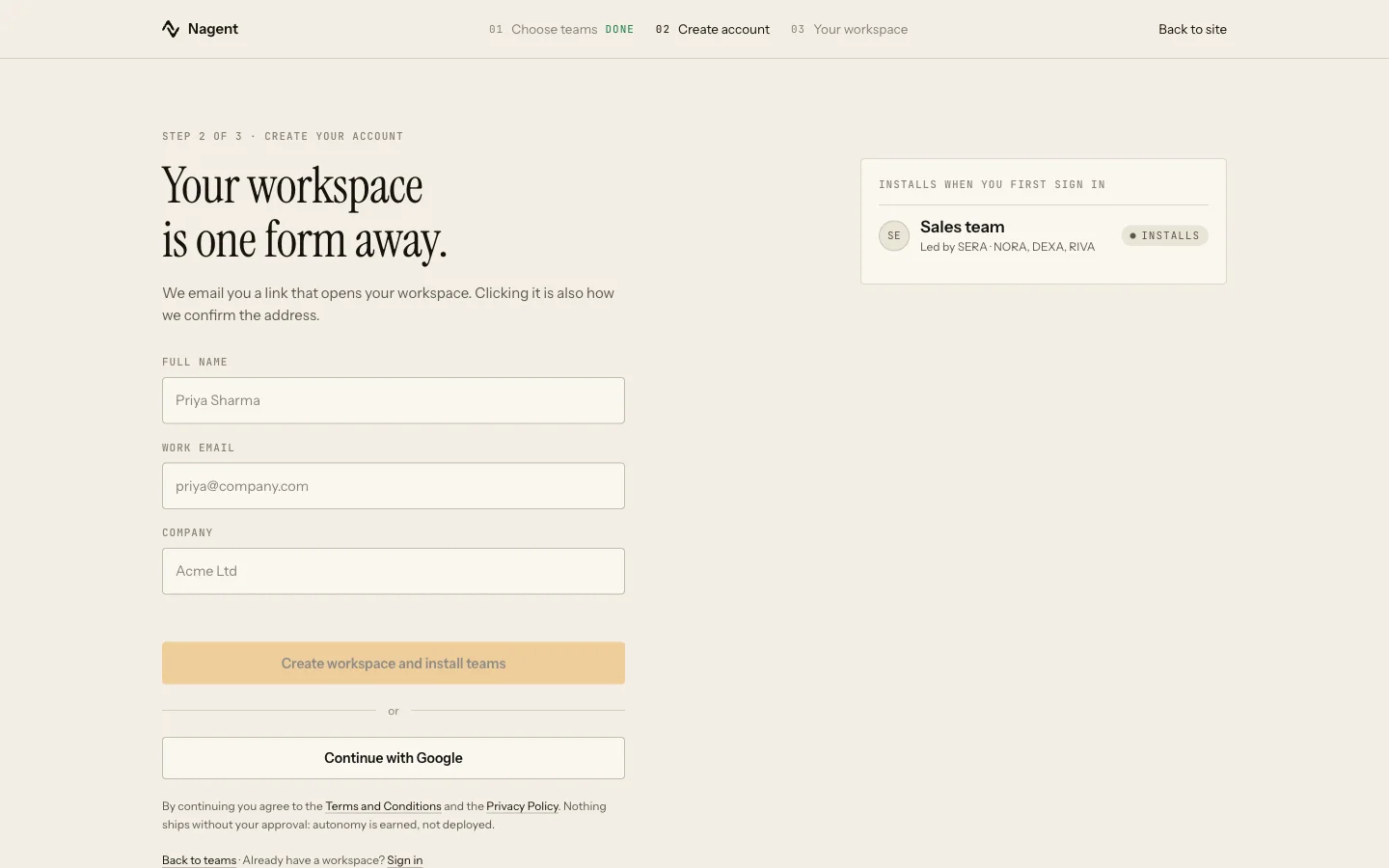 Sign-up step 02: the account form, and the list of teams that install when you first sign in