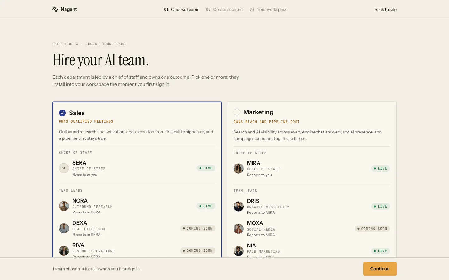 Choosing teams at sign-up: Sales and Marketing, each with its chief of staff and team leads