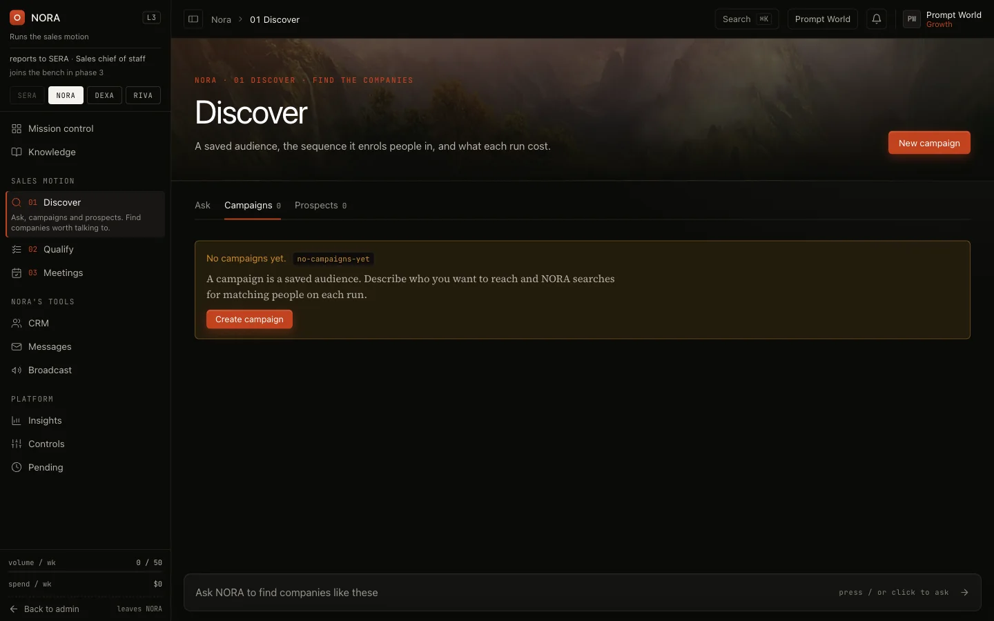 The Campaigns tab on NORA's Discover screen with no campaigns yet and the Create campaign button