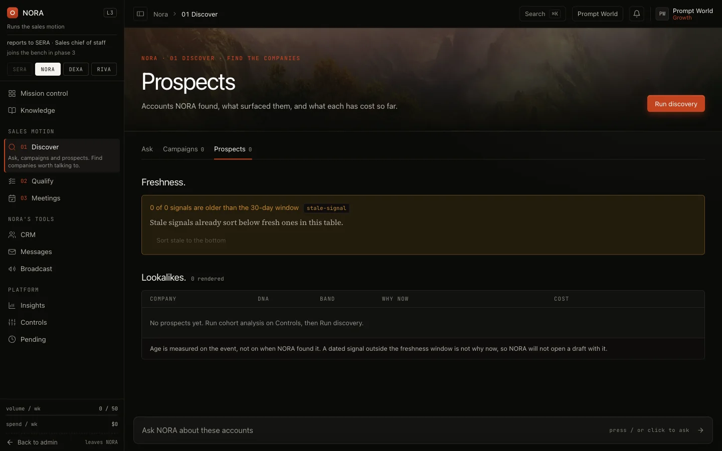 The Prospects tab: the freshness check and the Lookalikes table with Company, DNA, Band, Why now and Cost columns