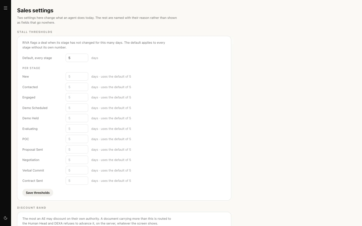 Sales settings, with the default stall threshold of 5 days and a per-stage override field for every stage