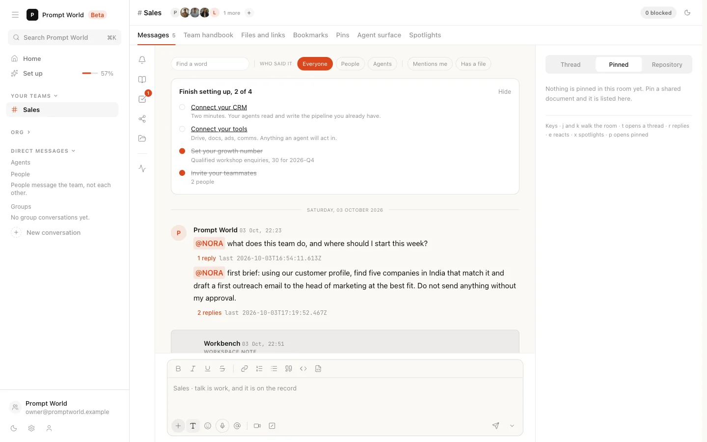 The Sales room, with the rail of icons beside the conversation: Inbox, Team memory, Board, Shared, Repository and Activity