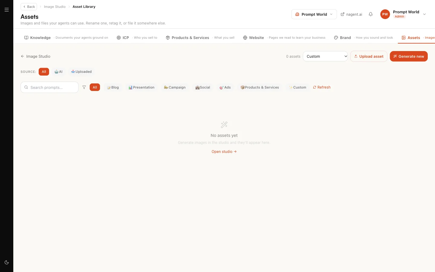 The Asset Library in a new workspace, with the source and category filters and no assets yet