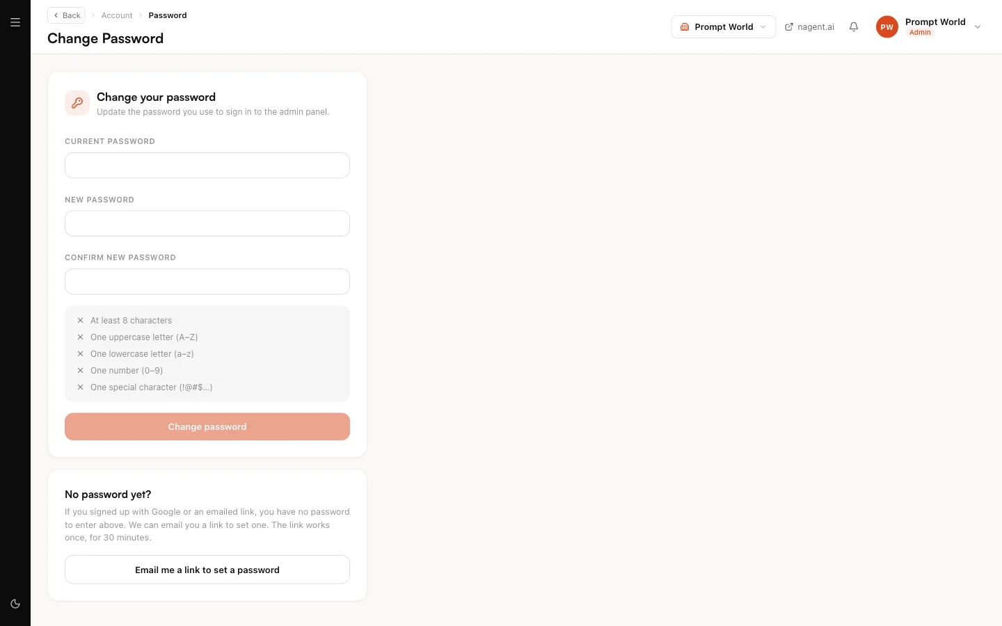 Change password, with the current and new password fields, the password rules, and No password yet with its Email me a link to set a password button