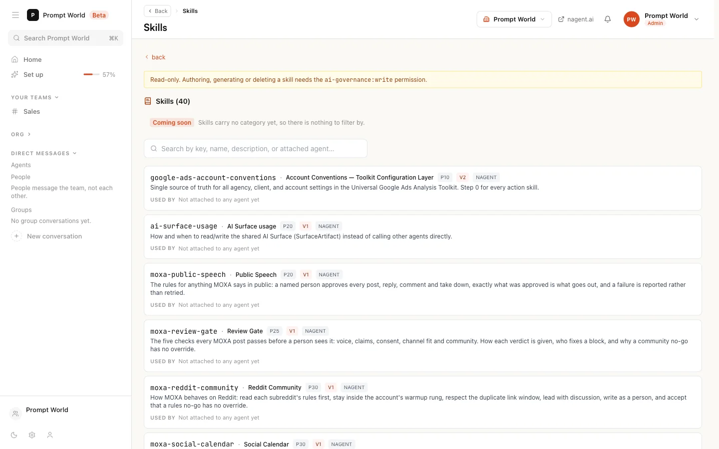 Skills, with the read-only banner, the search box and skills such as moxa-review-gate and moxa-public-speech, each showing its priority, version, the Nagent tag and Used by