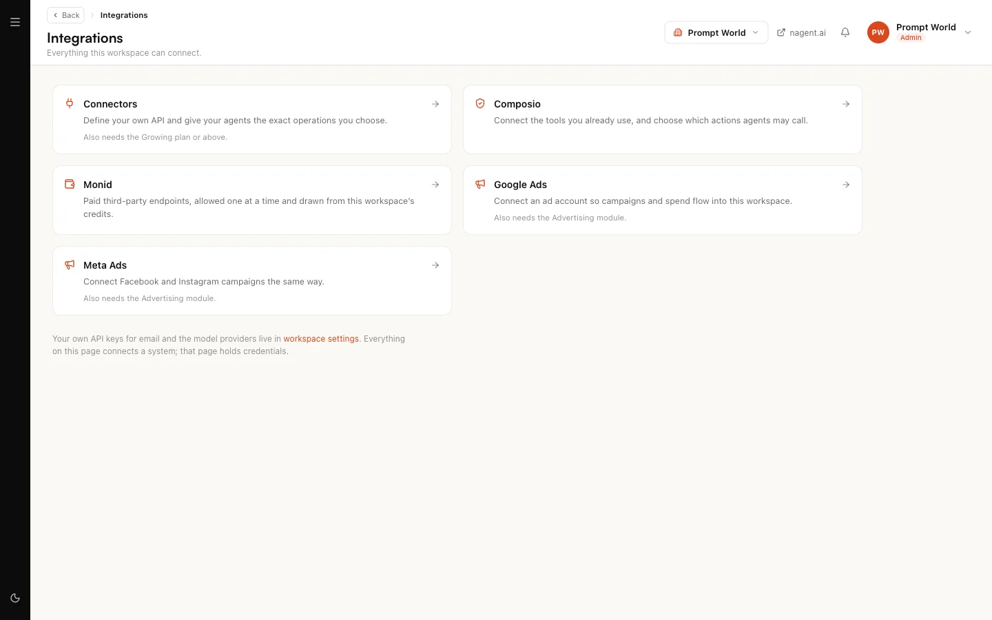 Integrations, with cards for Connectors, Composio, Monid, Google Ads and Meta Ads