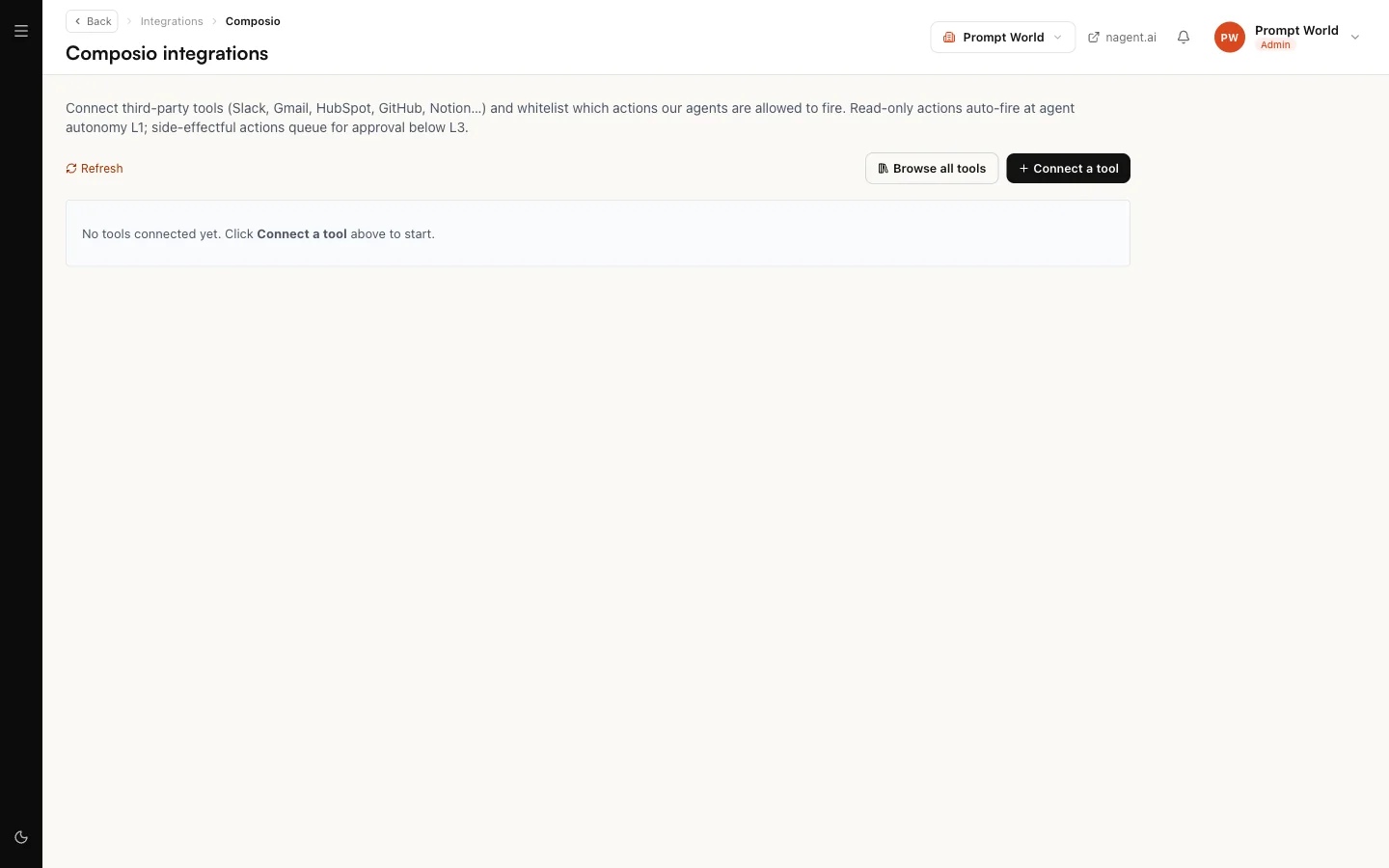 Composio integrations with no tools connected yet, and the Browse all tools and Connect a tool buttons